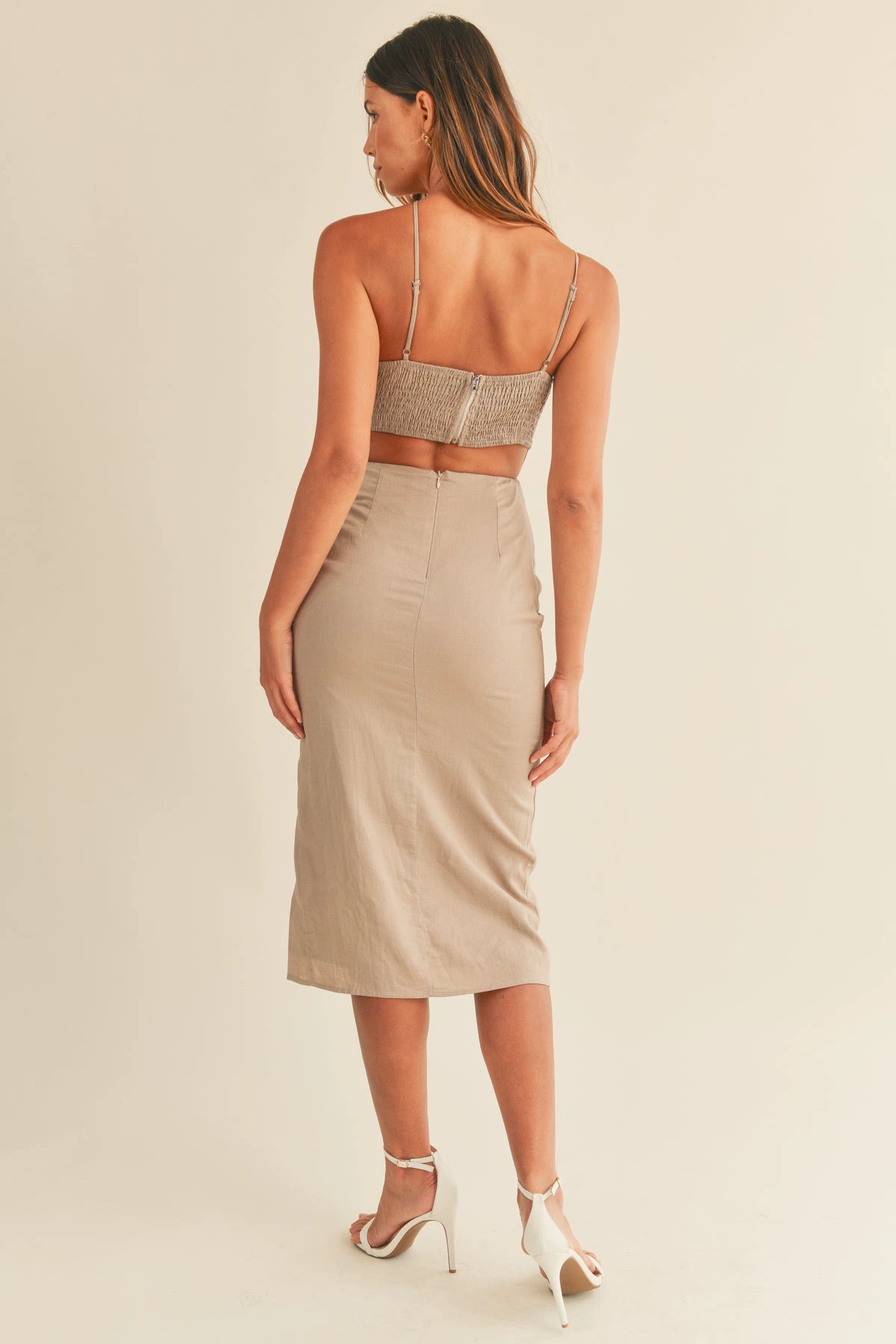 one-shoulder side open waist pleated midi dress