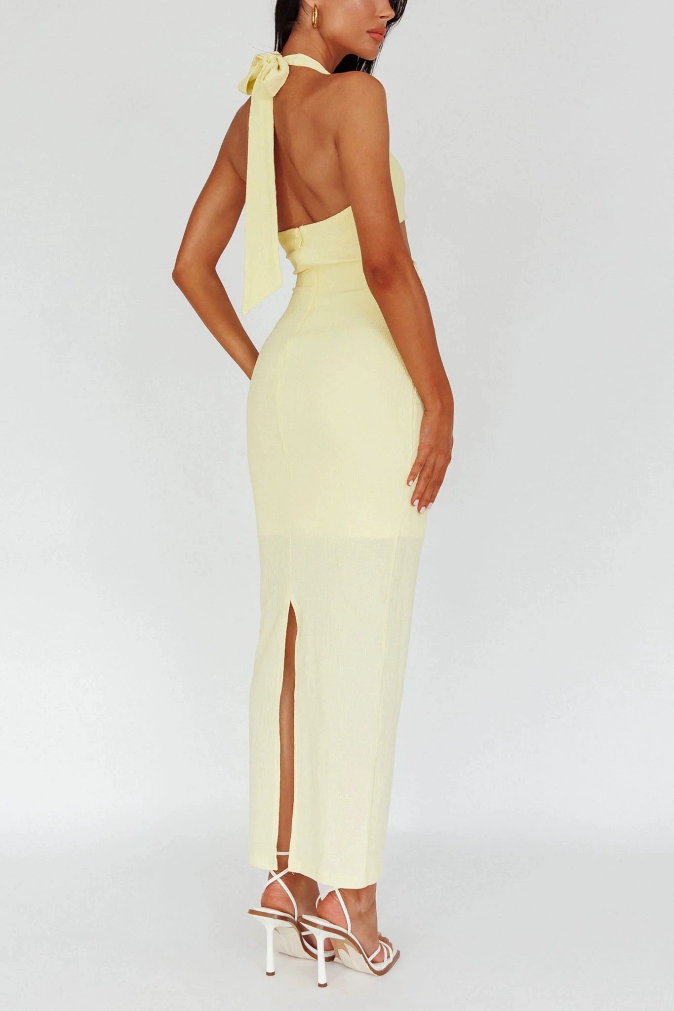 yellow hollow halterneck textured dress
