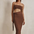 brown cut-out backless bandeau lace-up knitted dress