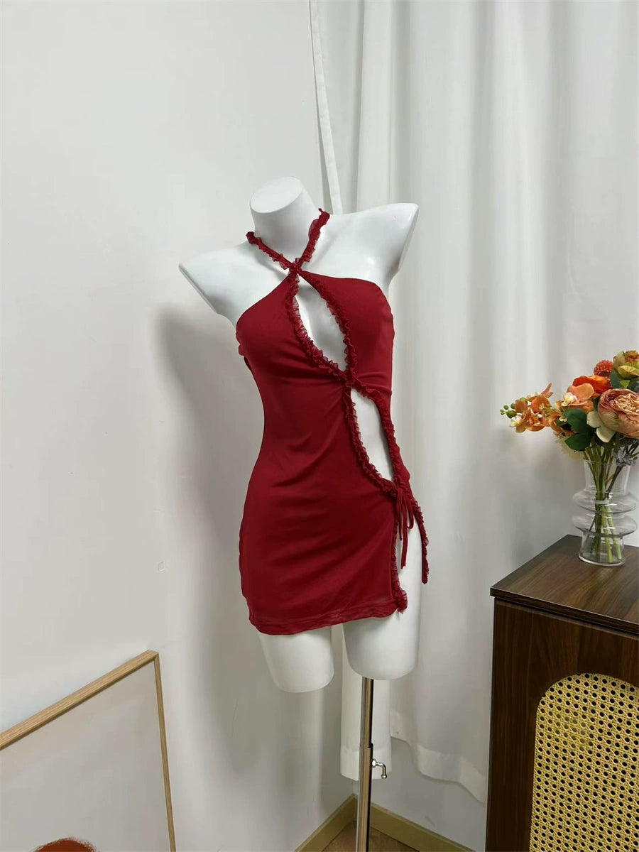 burgundy cut-out suspender mini dress