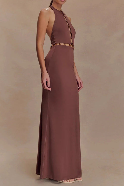 brown halterneck open back maxi dress