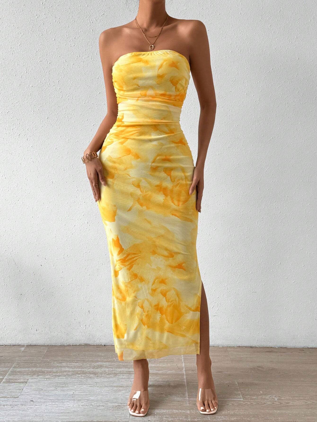 yellow Mesh Print High-Waisted Slit Strapless Bodycon dress