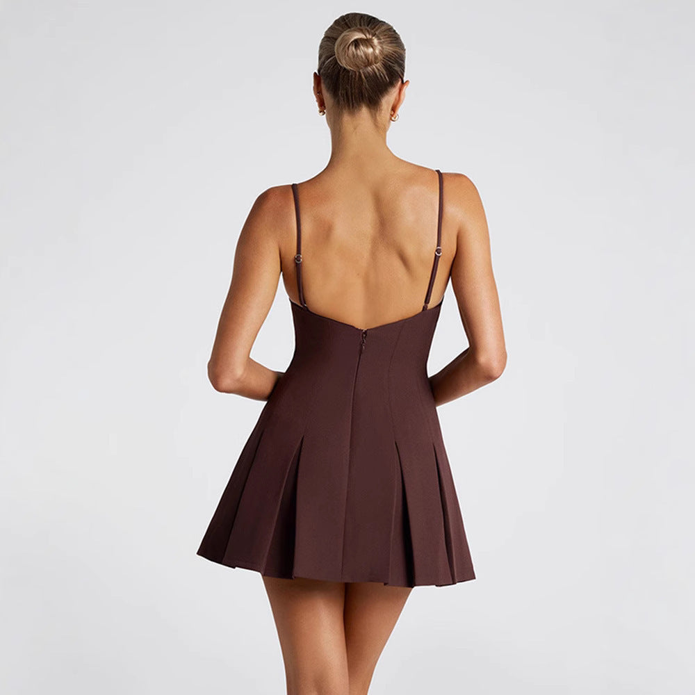 Brown halter-neck backless pleated mini dress