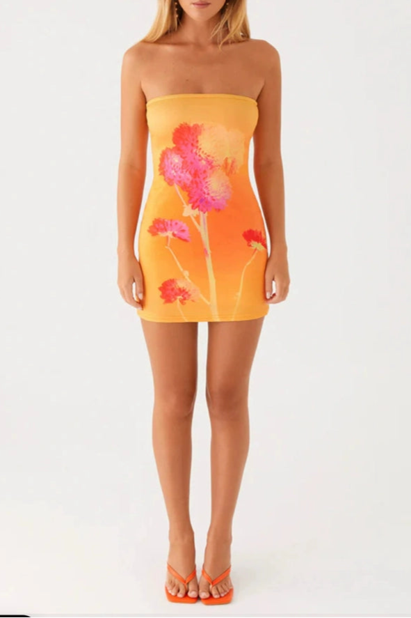 orange flower bandeau min dress