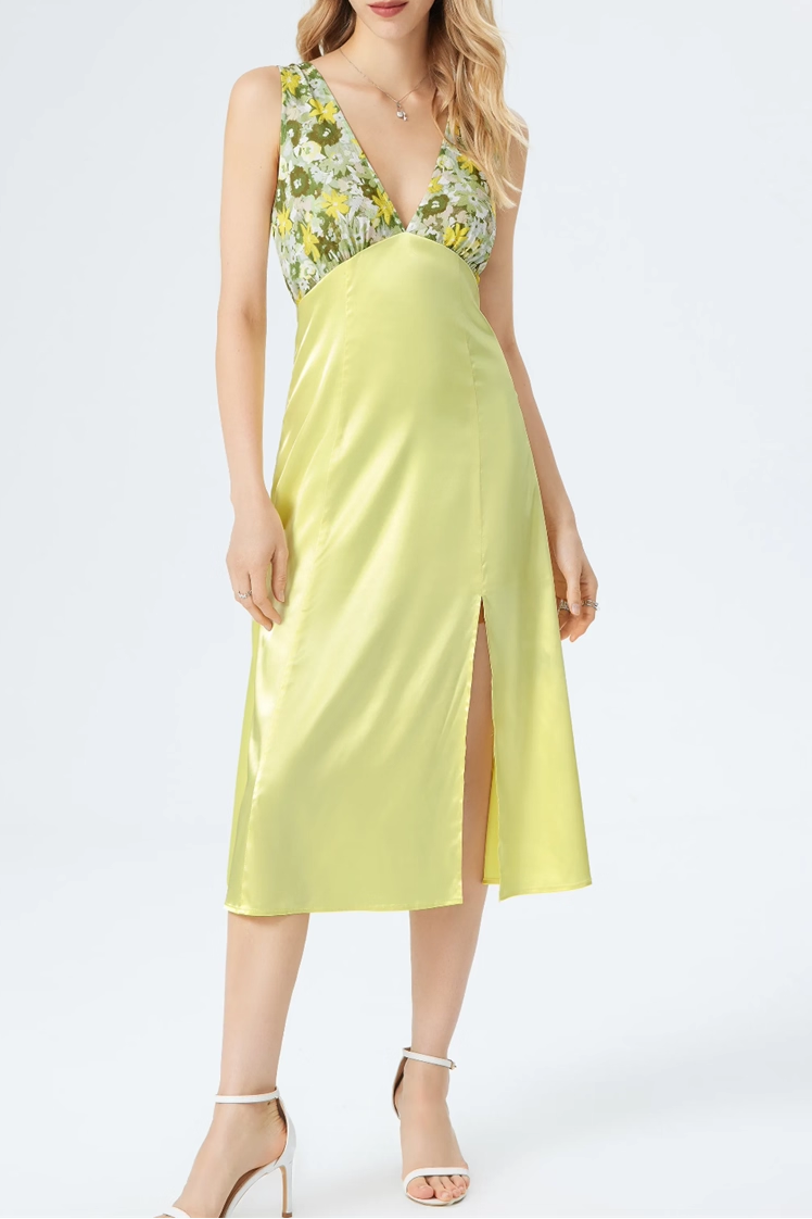 green floral V-neck lace-up backless satin panel side slit dress