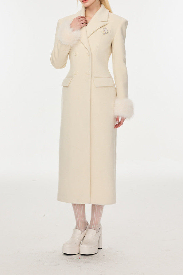 Ivory Slim faux fur mid-length woolen coat