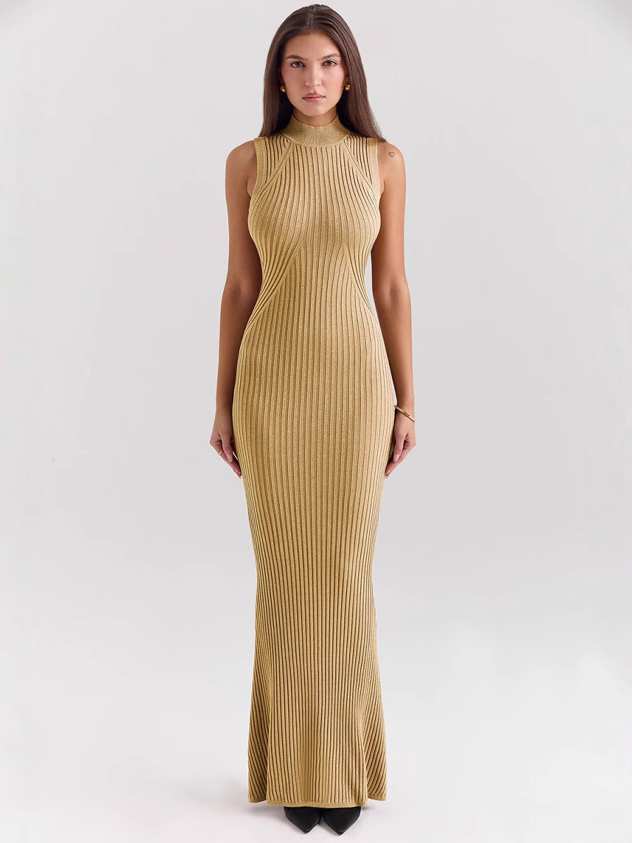 glod Knitted Turtleneck Sleeveless maxi Dress