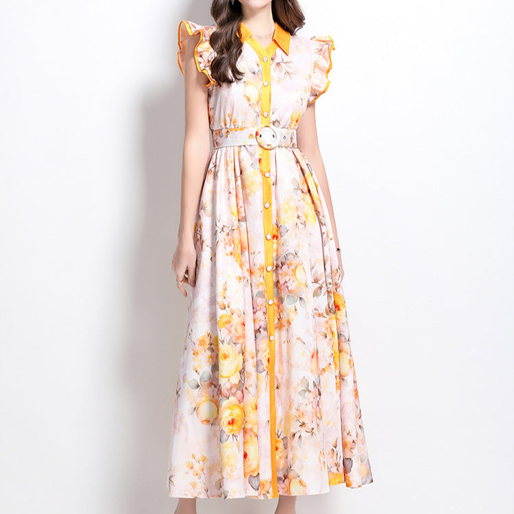 Printed ruffled sleeve collar single-breasted maxi dress