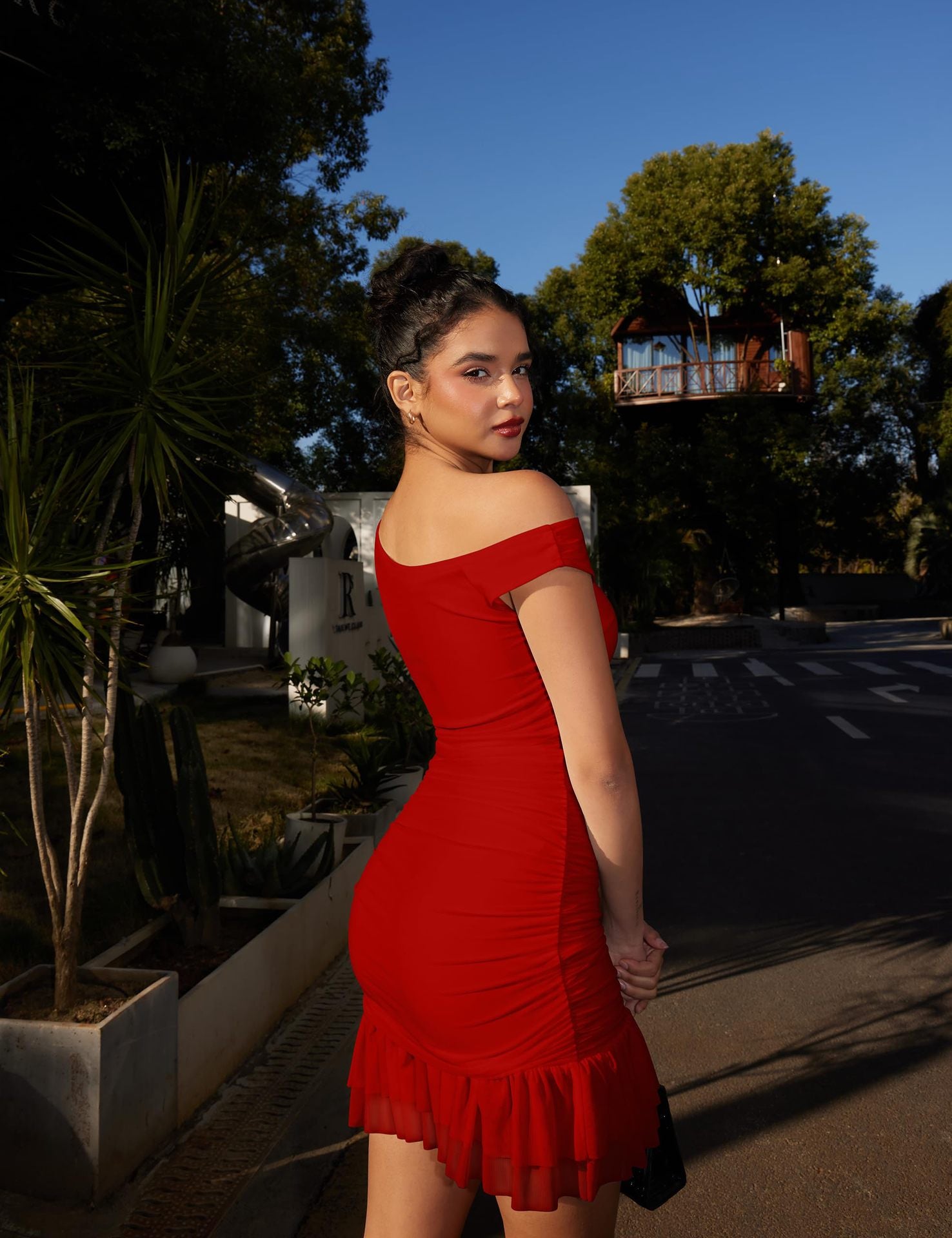 red One-shoulder lace-trimmed mini dress