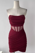 fishbone cutout bandeau pleated mesh dress