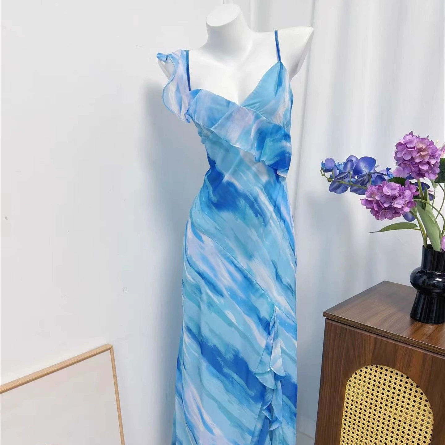 Blue Ocean V-Neck Ruffle Suspender Side Slit Dress