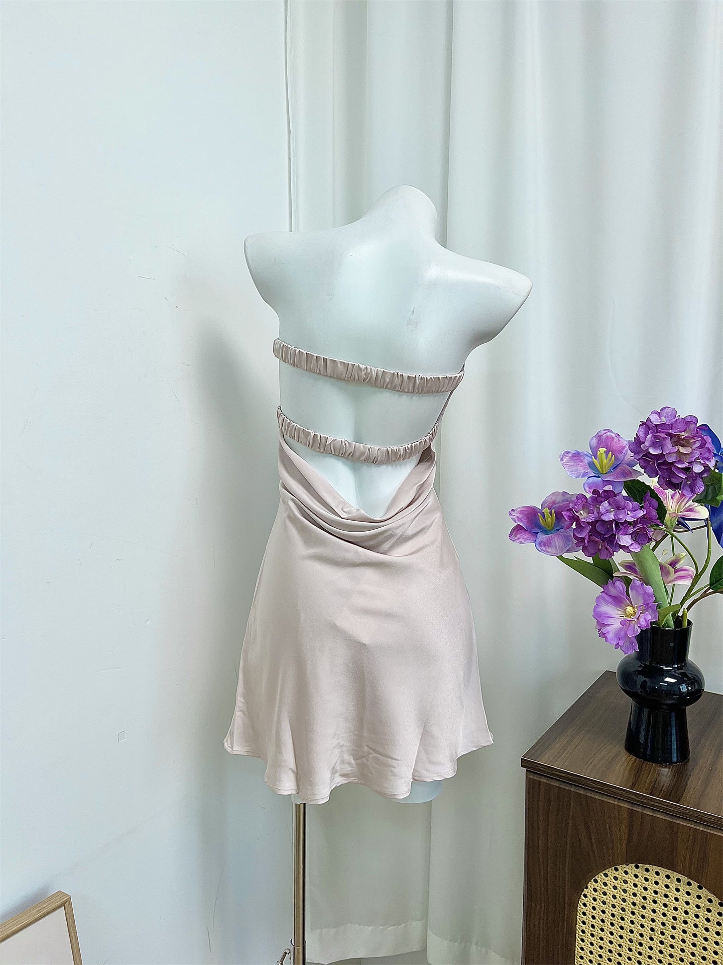 satin twisted rope pleated back bandeau mini dress