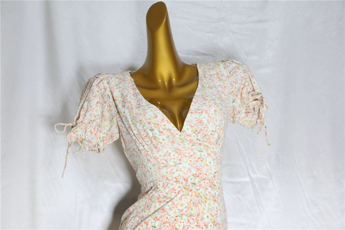 pink floral V-neck mini dress