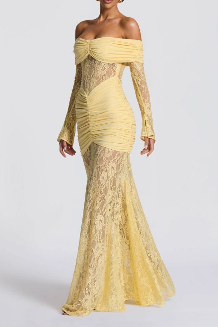 damla yellow Lace-trimmed flared sleeve fishtail dress