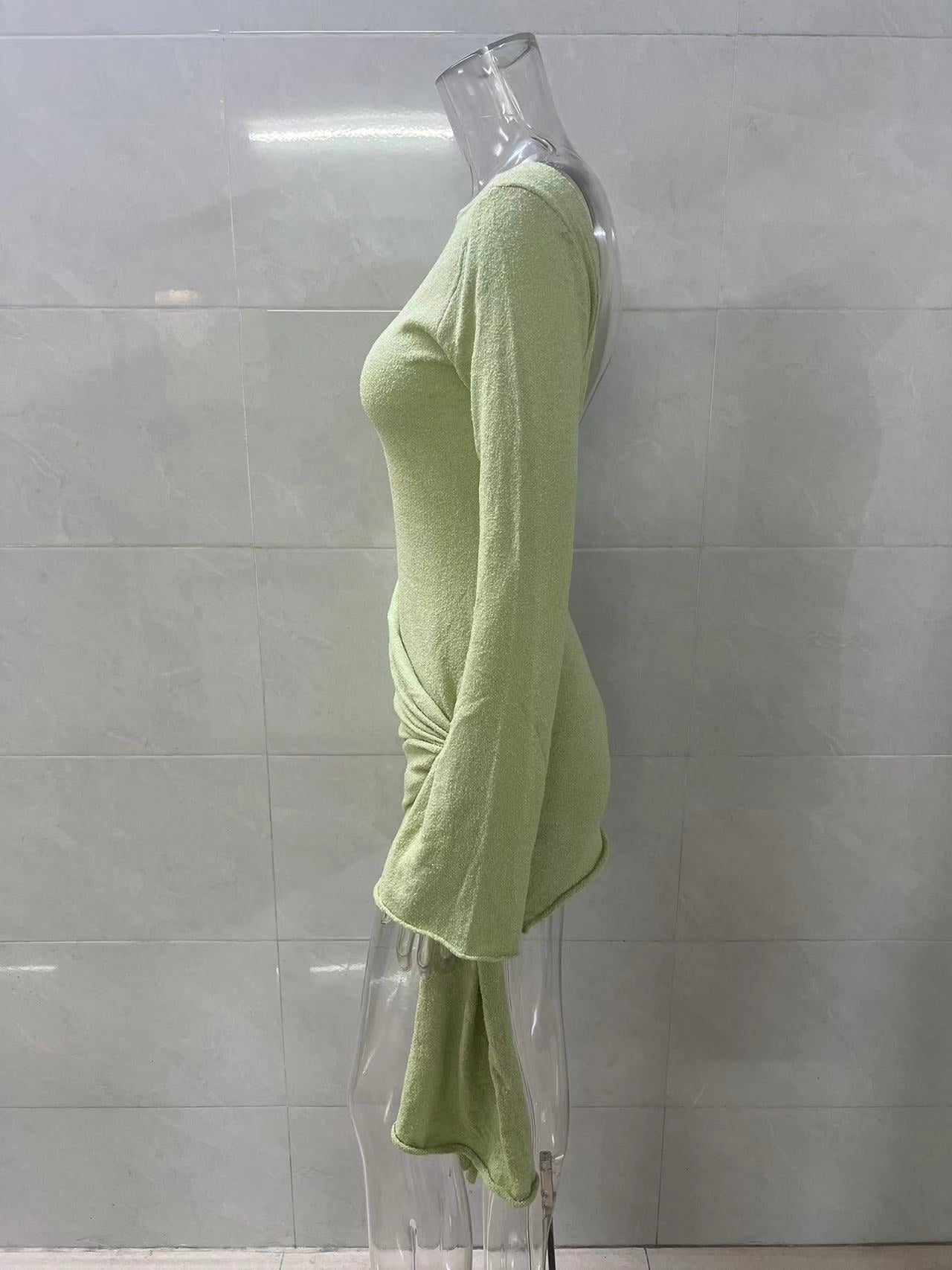 green long sleeve knitted mini dress
