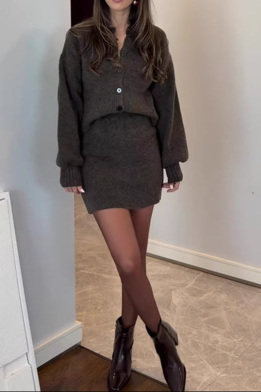 brown long-sleeved short skirt suit