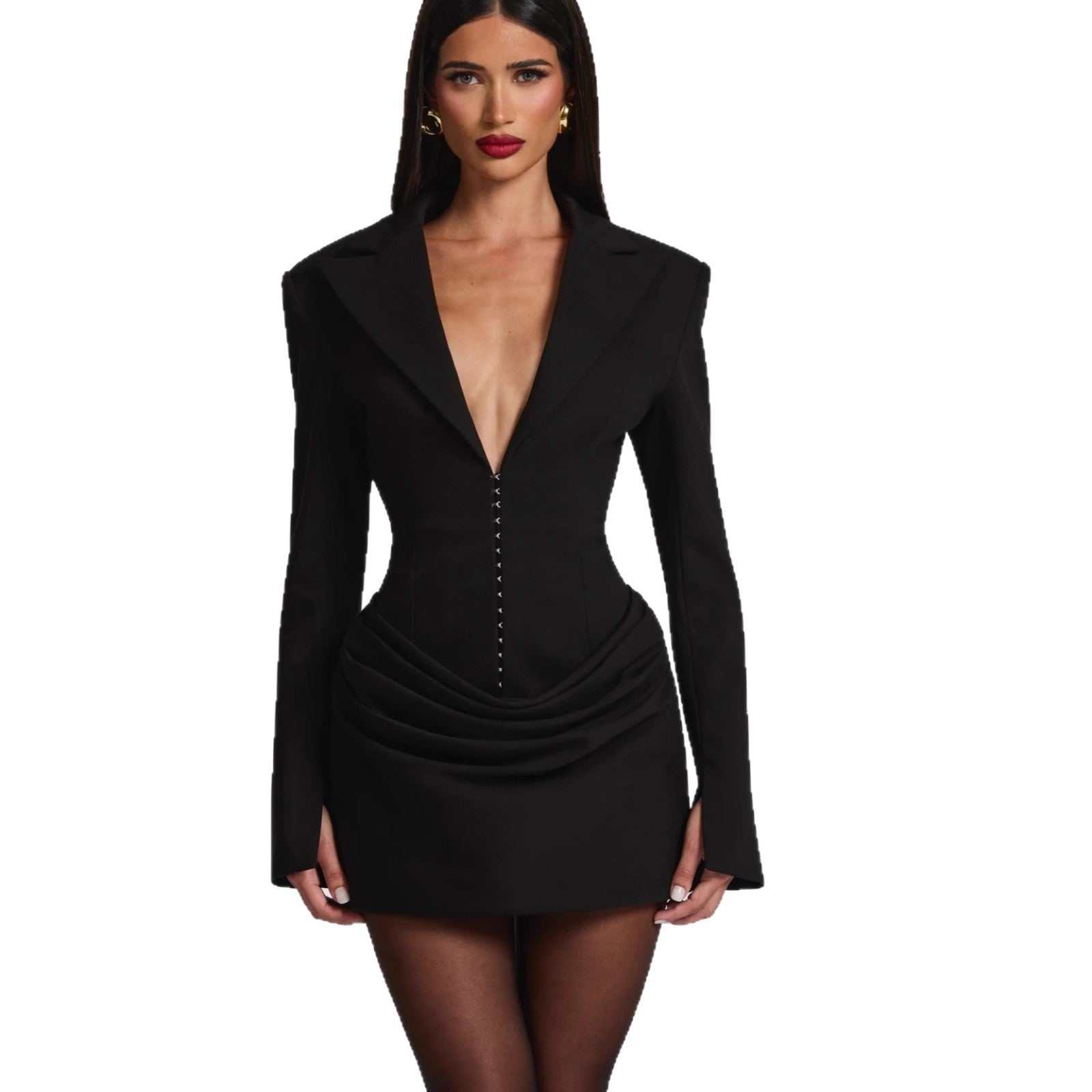 black deep V long sleeve mini dress