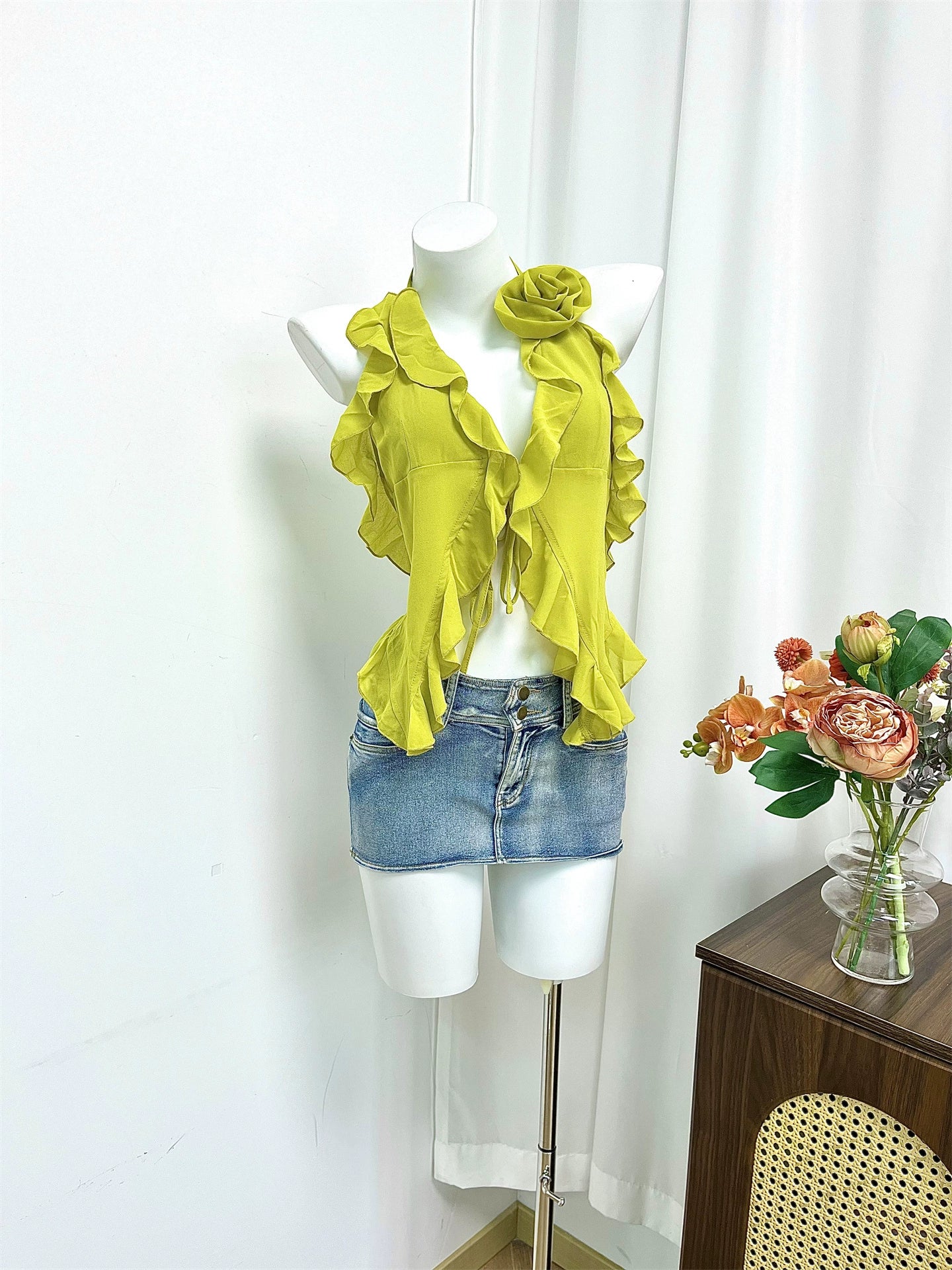 Yellow Chiffon Halterneck Ruffled Small Top