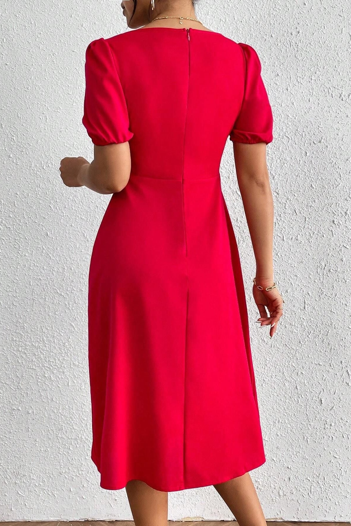Red square-neck puff-sleeved pleated A-line midi dress
