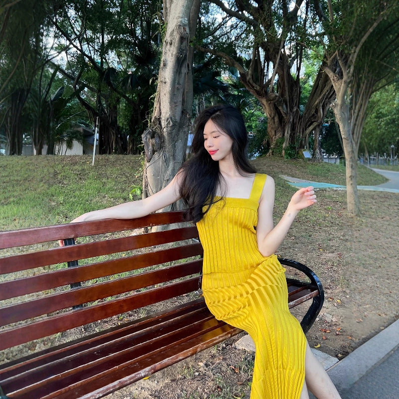 yellow Square Neck Vest Skirt Suit