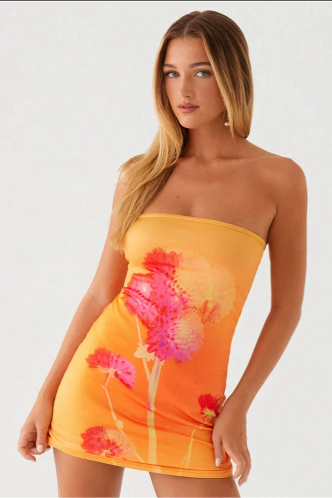 orange flower bandeau min dress