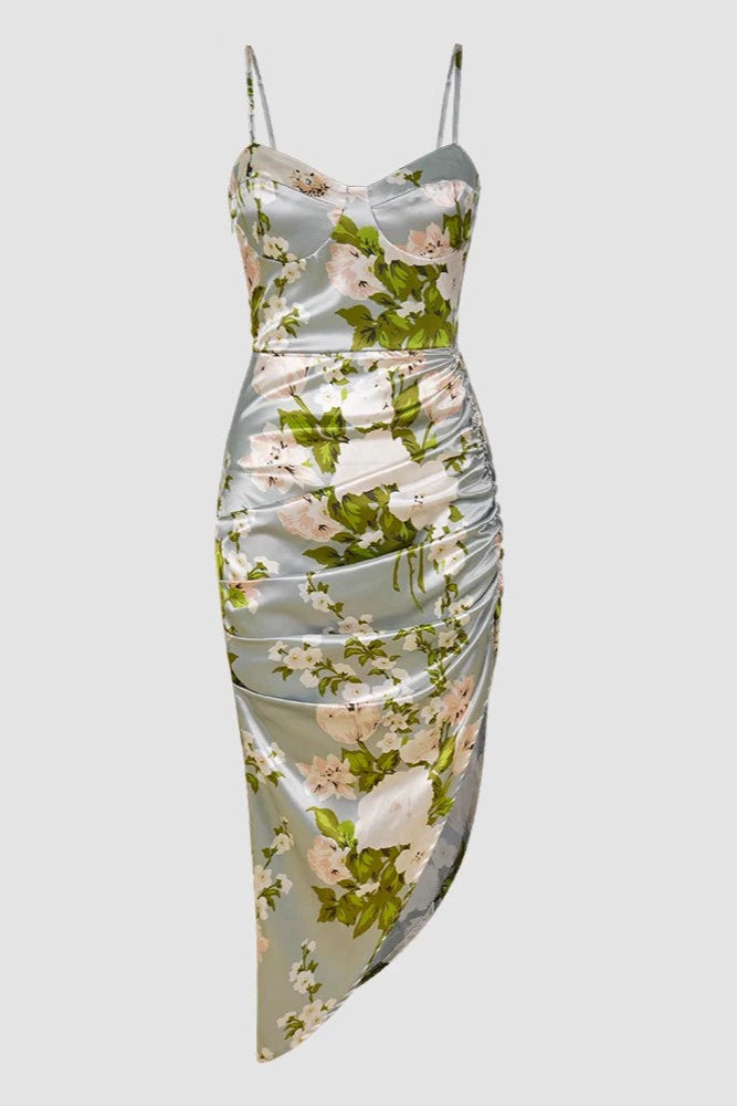 green satin print resort dress