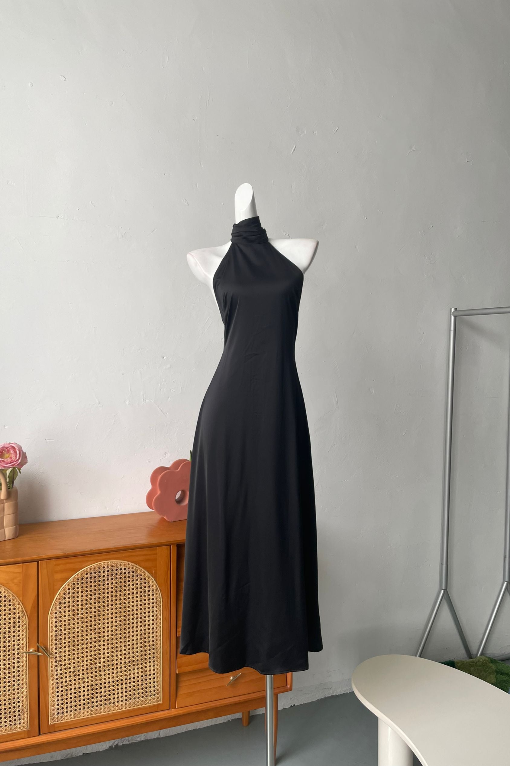 black halterneck off-the-shoulder dress