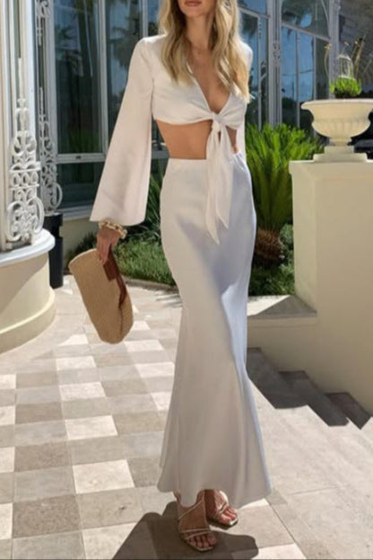white V-neck long-sleeved cardigan two-piece set