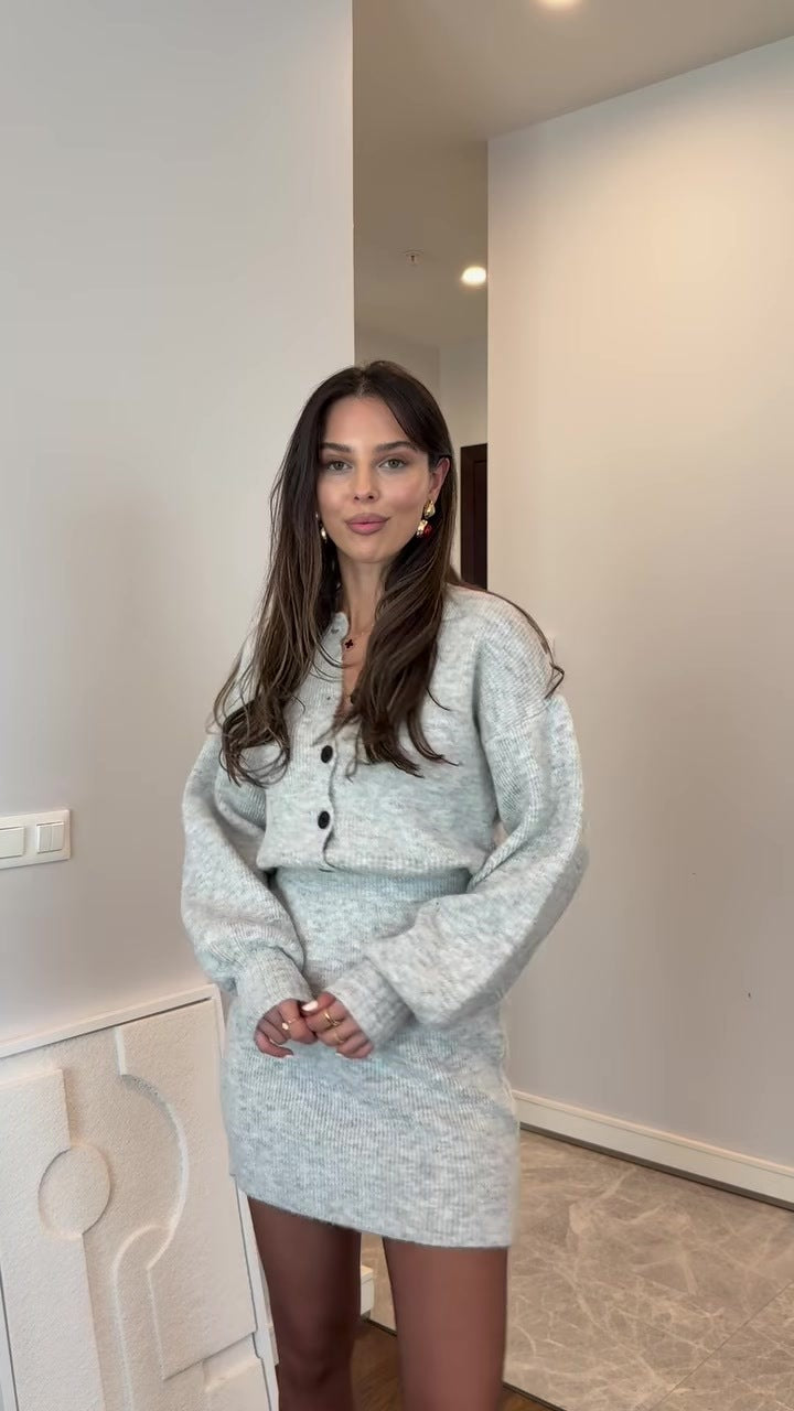 light grey long-sleeved short skirt suit