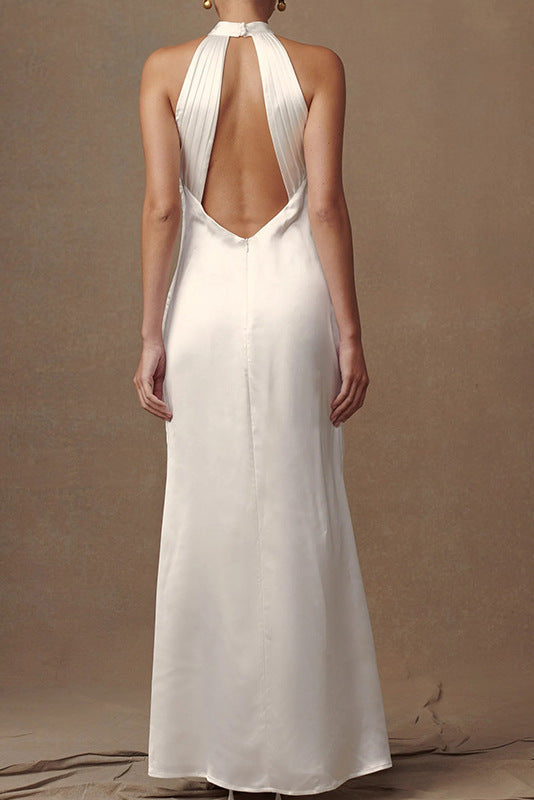 freda white Backless floral satin ice silk halter dress