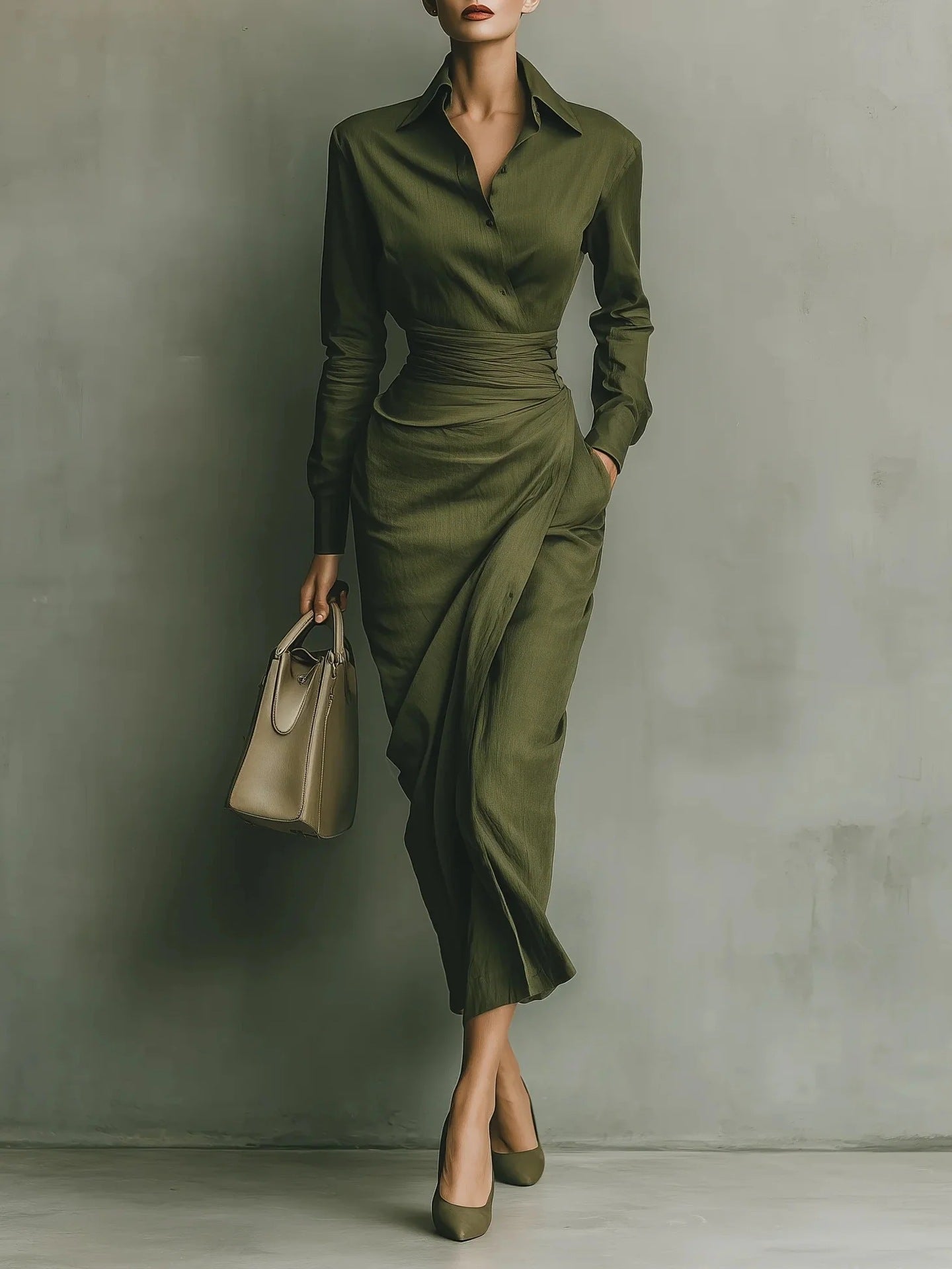 green Long Skirt Shirt Collar Long Sleeve Pocket maxi Dress