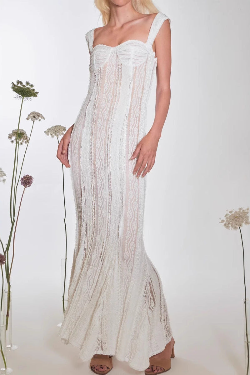 Spaghetti strap lace off-shoulder maxi dress