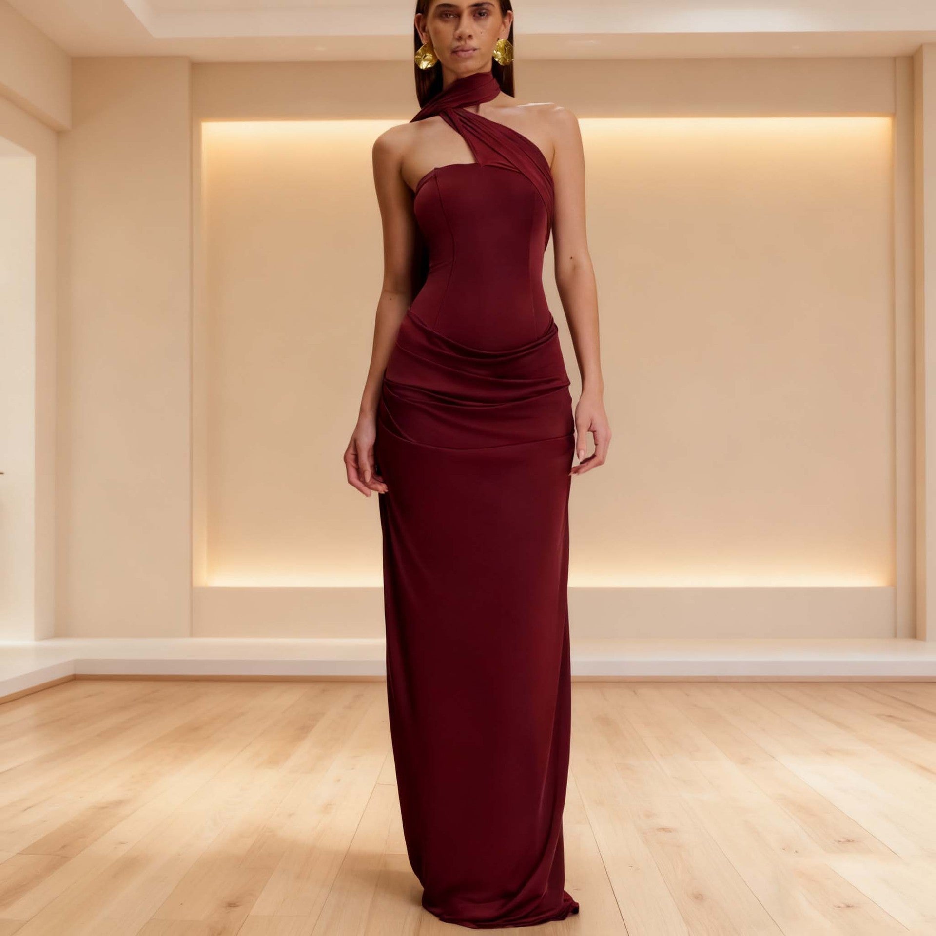 red bandeau sloping shoulder maxi dress