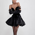 black Strapless puff mini dress