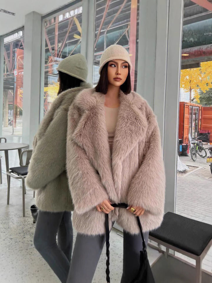 suit collar imitation fur midi length coat
