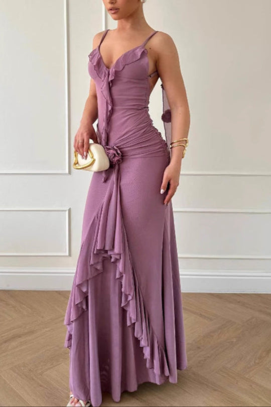 purple Ruffled Chiffon maxi Dress
