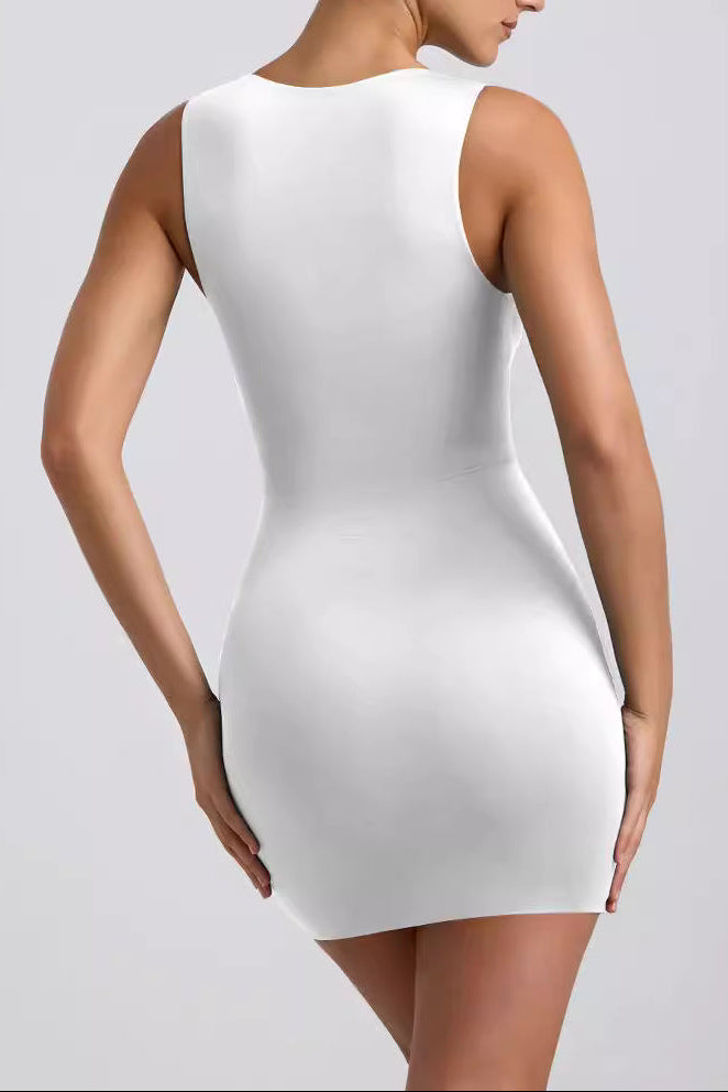 white Pleated ribbon cutout bodycon mini dress