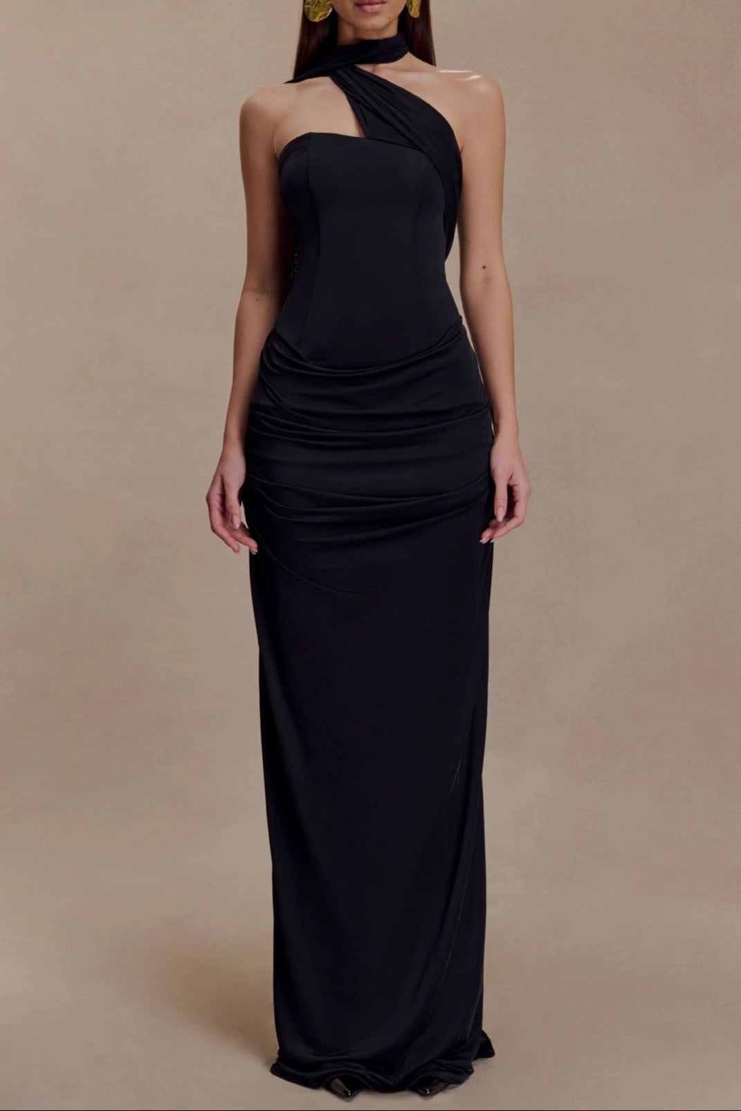 black bandeau sloping shoulder maxi dress