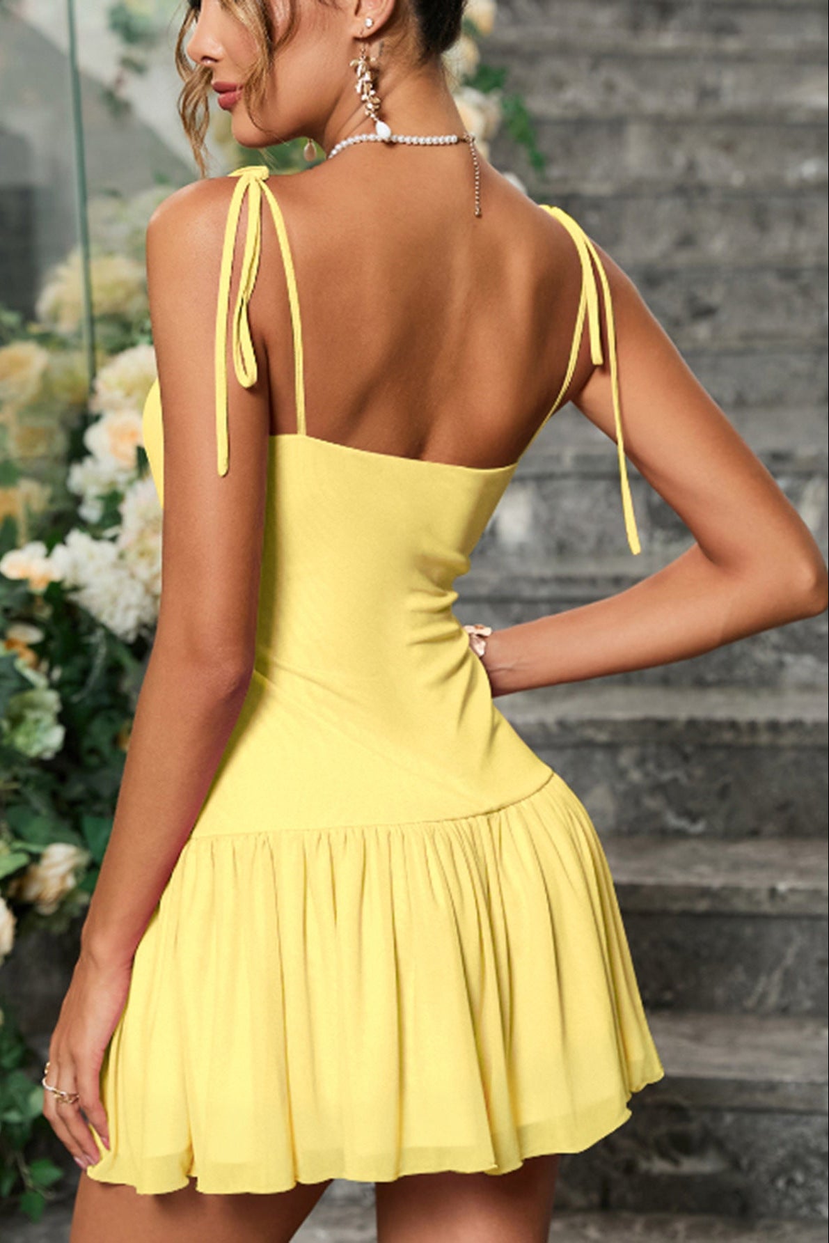 Spaghetti strap tie-up pleated mini dress