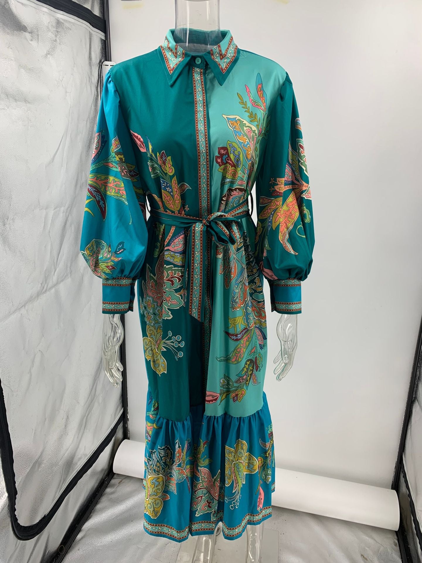 Collared lantern sleeve long-sleeved printed dress