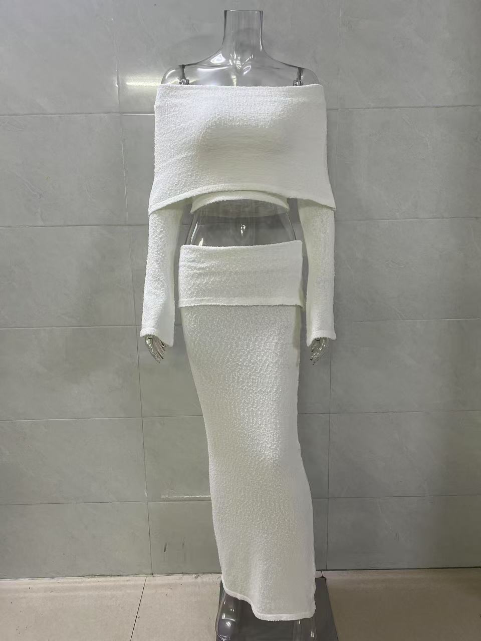 white Off-the-shoulder long-sleeved top and skirt two-piece set