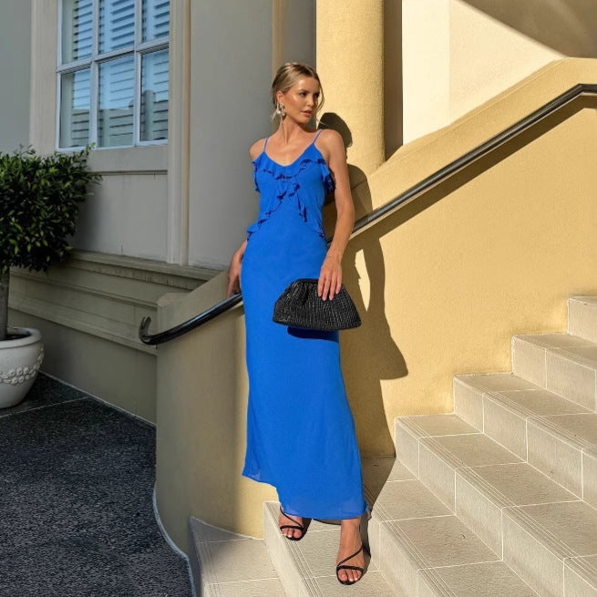 Ruffled sleeveless backless halter dress