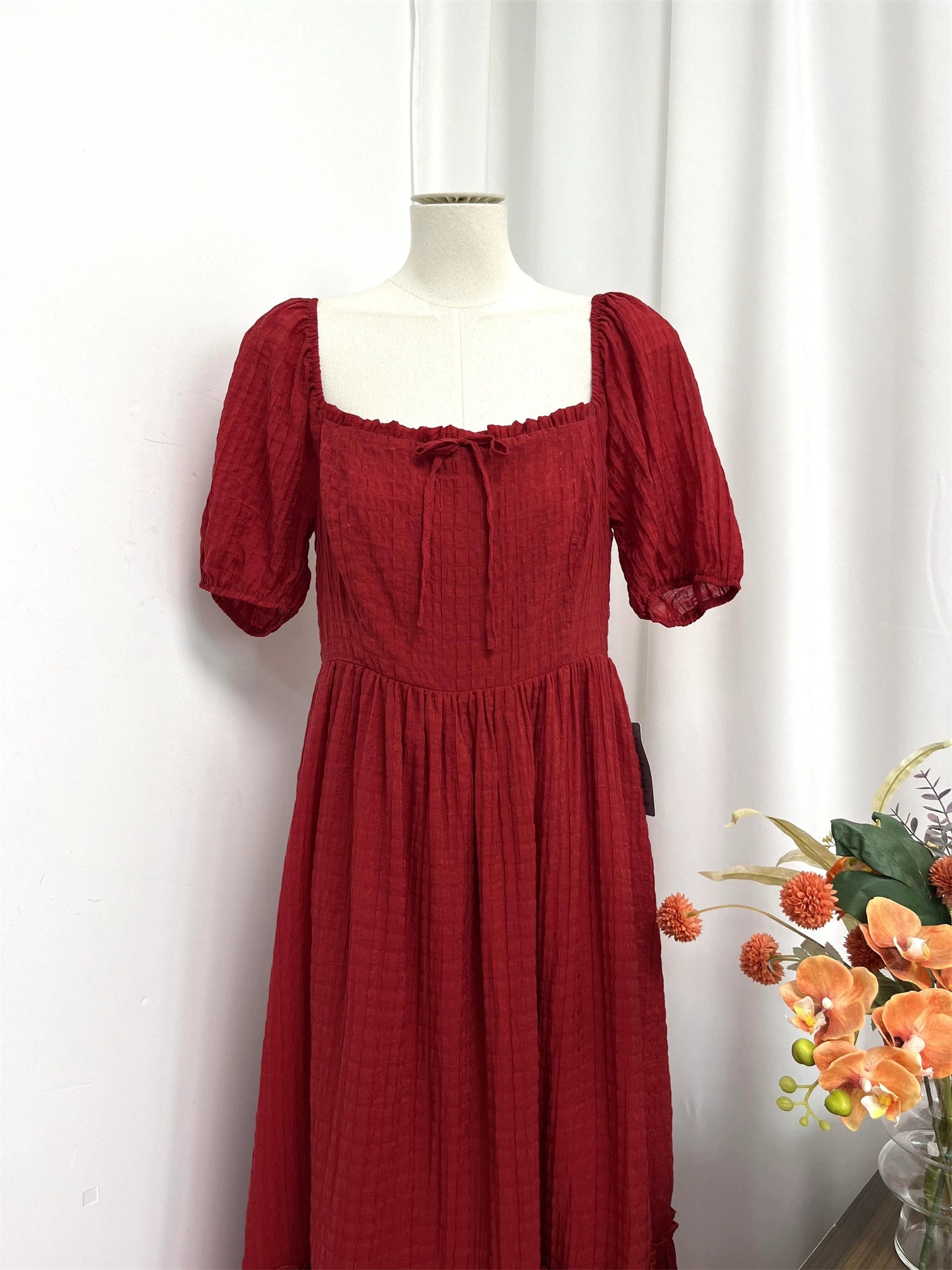 red bow square neck puff sleeve dress