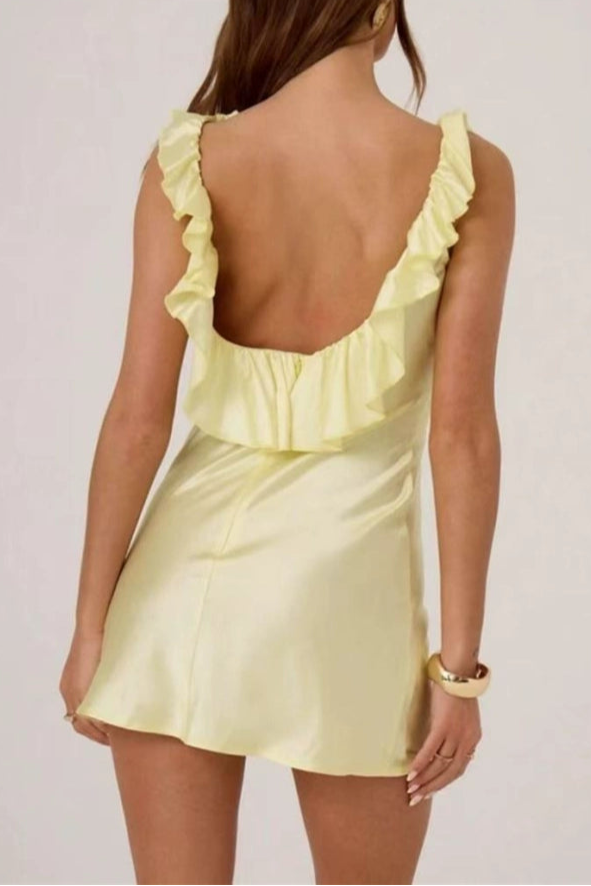 yellow Satin Ruffled V-Neck Backless Slip Dress