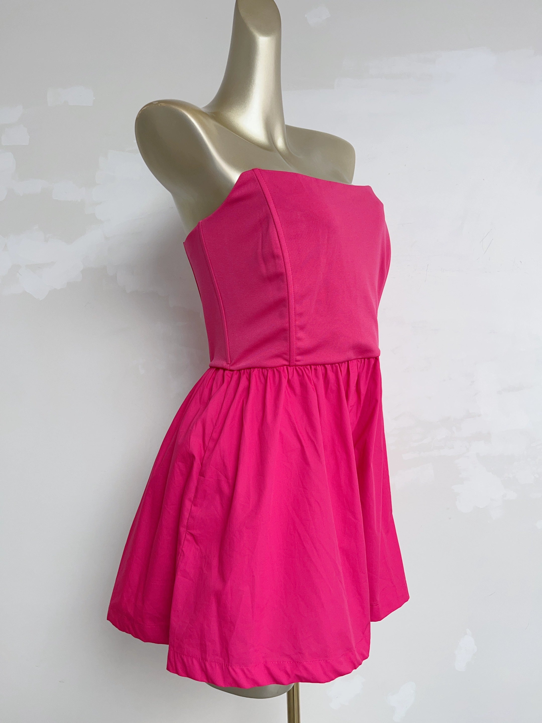 rose red fishbone shaping pinch pleats waist bandeau dress