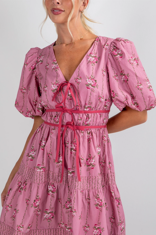 floral V-neck puff sleeve bow dress