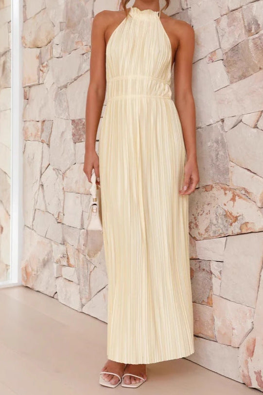 Backless tie-waist pleated long dress