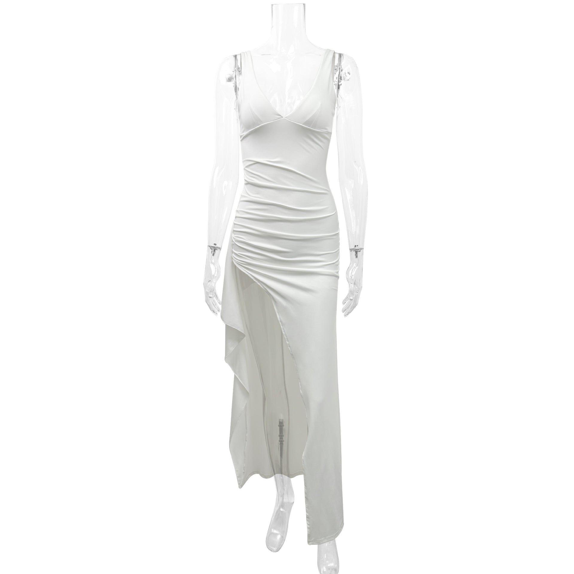 white High-slit deep V-neck slip dress