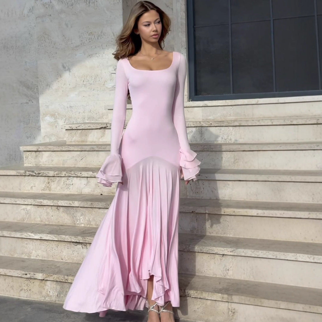 pink splicing irregular flared sleeve dress