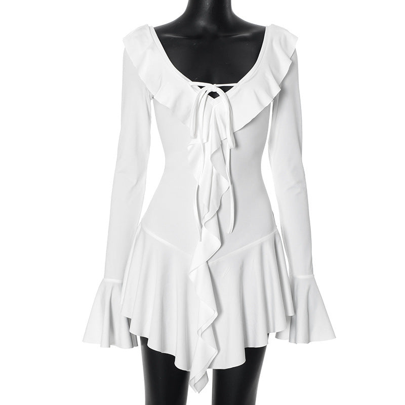 white Ruffled long-sleeved tie dress